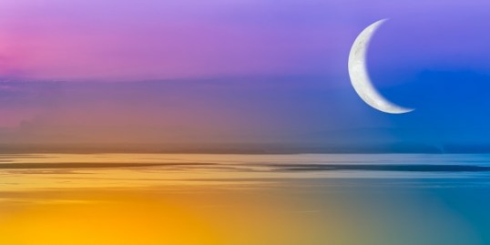 Moon Crescent And Colorful Sky. Outdoors.